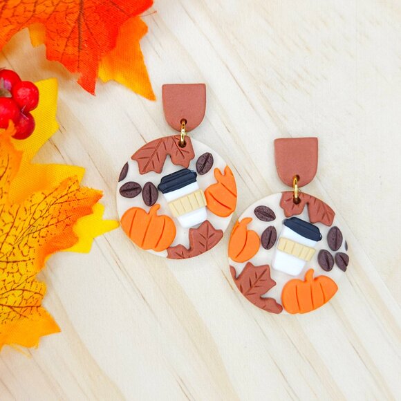 Handmade Polymer Clay Fall Earrings, Clay Autumn Maple Leaf Pumpkin Earrings - Picture 1 of 4